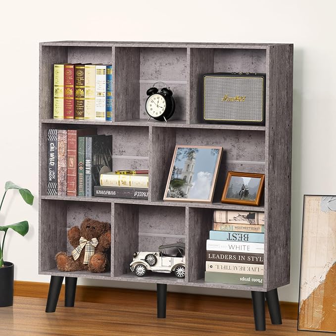 LEYAOYAO 8 Cube Bookshelf,Mid-Century Modern Bookcase with Legs,Dirty Grey | 3 Tier Book Shelf,Rustic Wood Bookshelves Freestanding Large Storage Organizer, Open Shelves for Bedroom, Living Room, Office