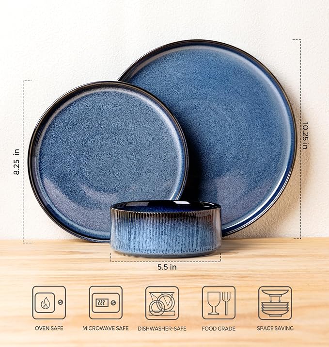 TheTerra Ceramic Dinnerware Sets for 8, 24 Pieces Porcelain Lightweight Plates and Bowls Sets, Scratch Resistant Dish Set, Oven & Microwave & Dishwasher Safe, Starry Blue