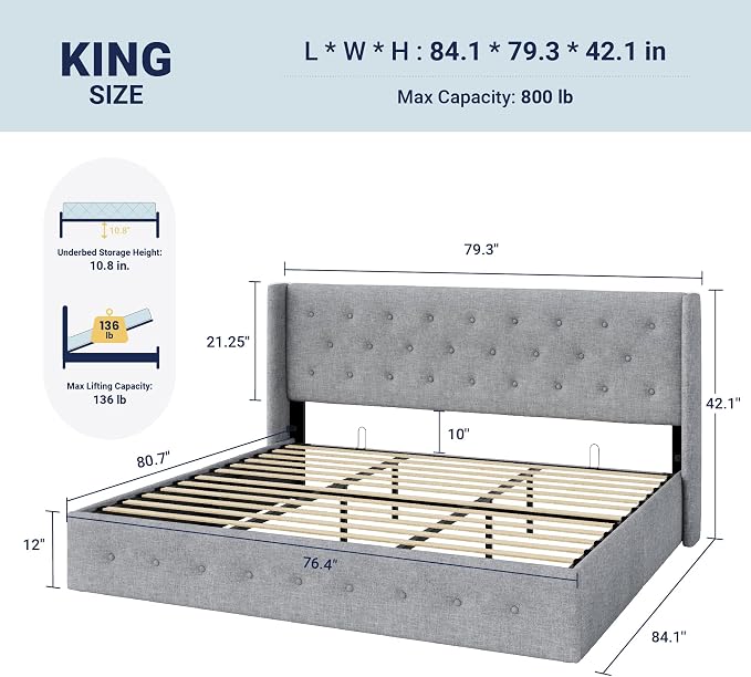 Allewie King Size Lift Up Storage Button-Tufted Bed Frame Light Grey | Modern Wingback Headboard, Hydraulic Support Storage, No Box Spring Needed