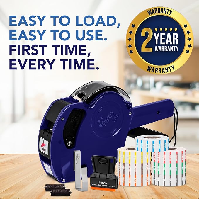 Perco Lite 1 Line Date Gun with Day of Week Labels Kit for Retail Business - Includes 1 Sleeve (7 Rolls), 1 Scraper - Preloaded Labeler Gun w 2 Ink Rollers & 1 Gun Clip