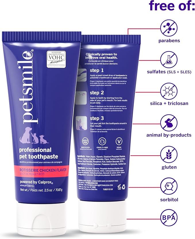 Petsmile Teeth Brushing Kit, Toothpaste + Brush, Rotisserie Chicken 2.5 Oz | Toothpaste + 45° Patented Brush, VOHC Accepted, Calprox® Powered, Fights Plaque + Tartar, Remineralizes Teeth, 4-Month Supply