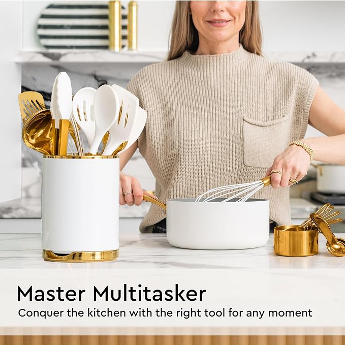 Gold Kitchen Utensils Set - 19-Piece Set Includes Stainless Steel Gold Utensils, White Silicone Tools, and Measuring Cups and Spoons - Luxury Kitchen Accessories for Modern Cooking, Serving, & Gifting
