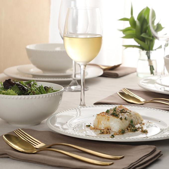 Gibson Home Caviara Plates and Bowls Set, 12-Piece Dinnerware Set, White Round Beaded Rim Ceramic Dish Set, Dinner Plates, Salad Plates & Cereal Bowls