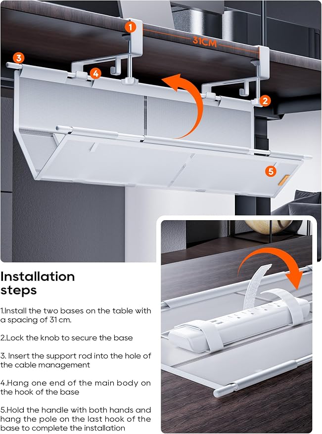 27" No Drill Under Desk Cable Management Tray (White) | Fire-Resistant Thickened Nylon Material, Clip-on Cord Organizer to Hide Power Strip, Heat Dissipation Mesh Design, for Office