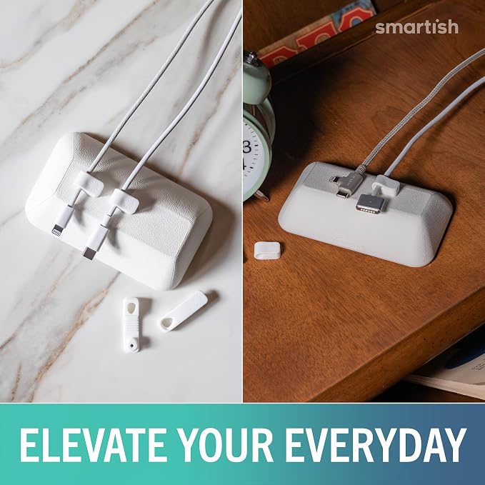 Smartish® Magnetic Cord Holder - Bigger Cable Wrangler Organizer with Magnet Clips for Charger Management on Desktop, Nightstand - Holds 6+ Cables - Snow Day White
