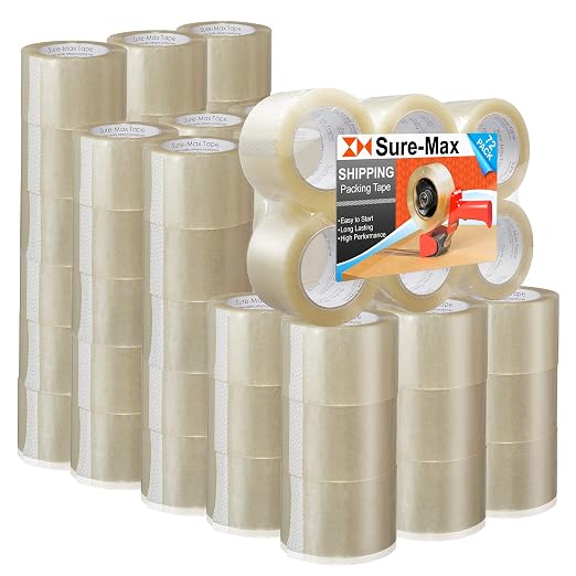 Sure-Max 72 Rolls Extra-Wide Shipping & Packing Tape (3" x 110 yard/330' Each) - Moving & Adhesive Carton Sealing - 2.0mil Clear