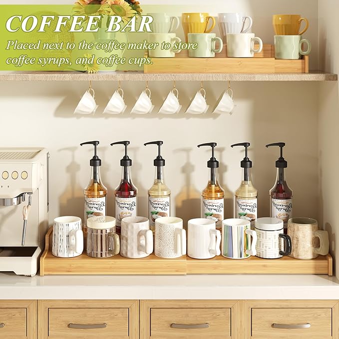 Hongtamoya 2-Tier Expandable Bamboo Mug Holder Coffee Mug Rack Organizer for Countertop, Multi-Functional Mug Display Shelf for Coffee Bar, Kitchen, and Home (15.35"~29.92")