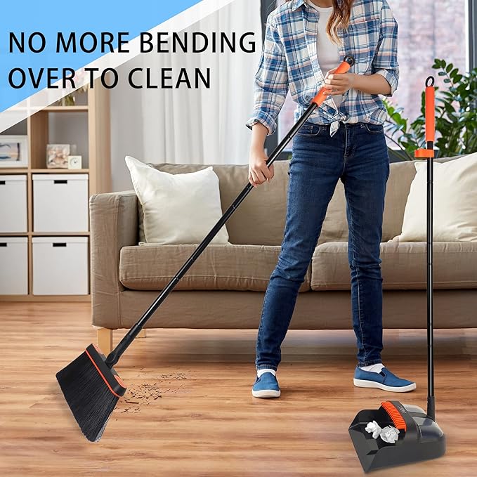 Broom and Dustpan Set for Home, JEHONN Long Handle Lightweight 180 Degree Rotating Broom Set Indoor, Upright Standing Dust Pan with Comb Teeth