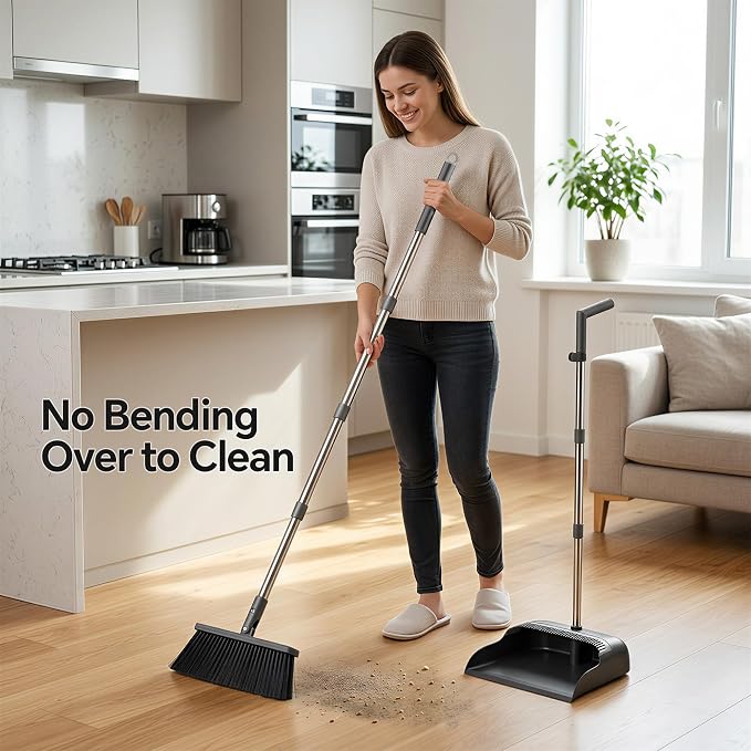 Spreezy Broom with Dustpan Combo Set, 52" Long Handle Standing Dustpan Set, Upright Dustpan with Cleaning Teeth, Indoor Outdoor Home, Office, Black-Gray