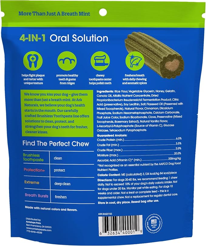 Ark Naturals Brushless Toothpaste Dog Dental Chews - Medium Breeds (18 ct) | Vet Formulated Dog Dental Chew with Toothpaste Center - Freshens Breath, Reduces Plaque & Tartar