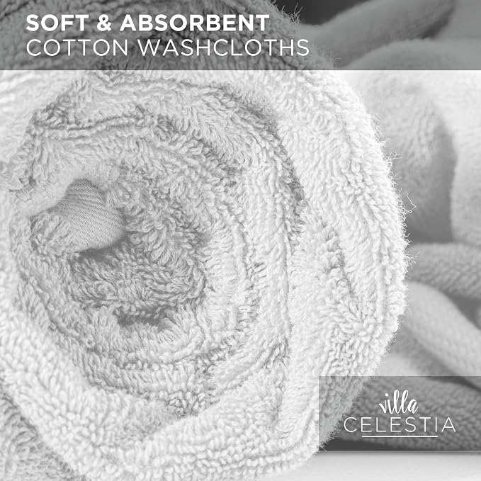 Villa Celestia Cotton Washcloths Set of 12, 12x12 Inch, 100% Ring-Spun Combed Cotton, Soft Absorbent Quick-Dry Wash Cloths for Face and Body, Oeko-TEX Certified, Hotel & Spa Quality, White