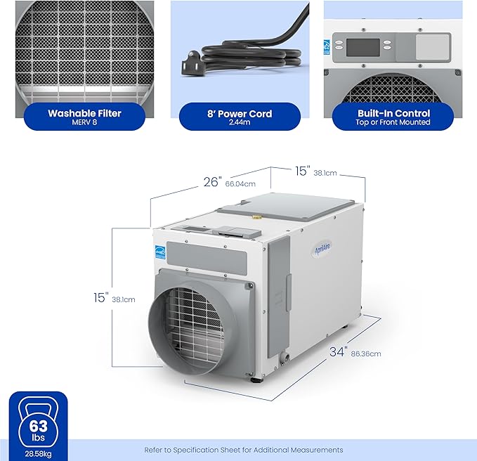 AprilAire E100 Pro 100-Pint Whole-House Dehumidifier + Model 76 Wall Mount Control, Commercial-Grade Dehumidifier for Basement, Crawlspace, or Whole House up to 5,500 sq. ft.