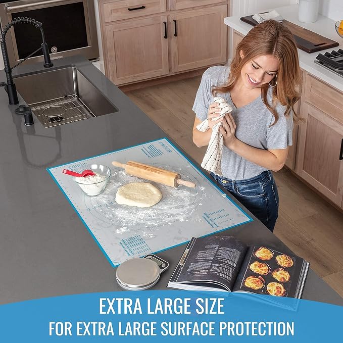 KPKitchen Stainless Steel Measuring Cups and Spoons Set of 14 and Silicone Pastry Mat - 7 Cup and 7 Spoon Metal Measure Sets - Extra Large Baking Mat For Rolling Out Dough - 100% Silicone & BPA Free