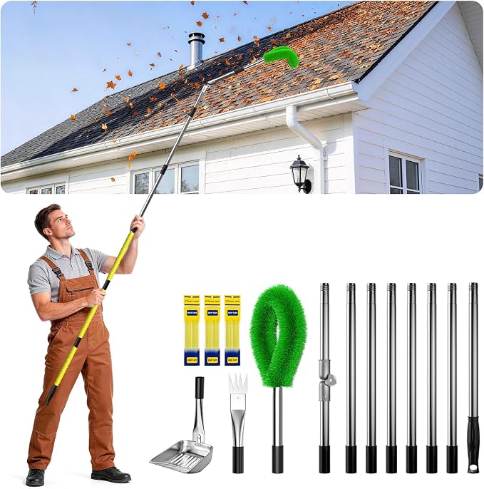 12 FT Gutter Cleaning Tools for Outdoor - Gutter Cleaner Pole with Shovel & Brush for Roof Rain Gutters, Cleans Leaves, Branches & Debris - No Ladder Needed (Green)