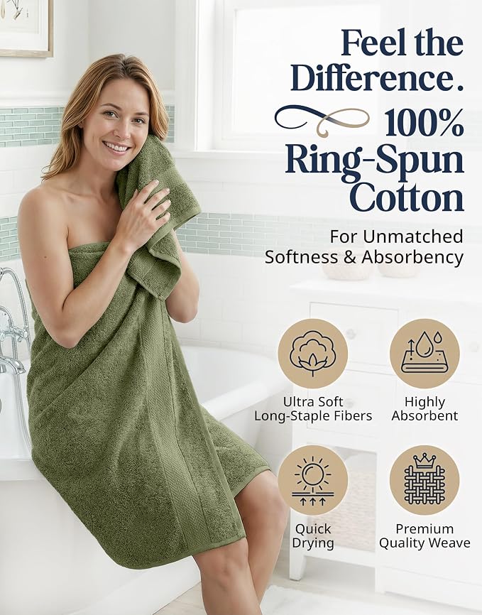 LANE LINEN Bath Towel Set 100% Cotton 6 Piece Soft Absorbent - Oil Green | Bath Towels Set Of 6 - Densely Woven, Coordinated Colors, Dobby Border Accent, OEKO-TEX Certified, Ring-Spun Durability
