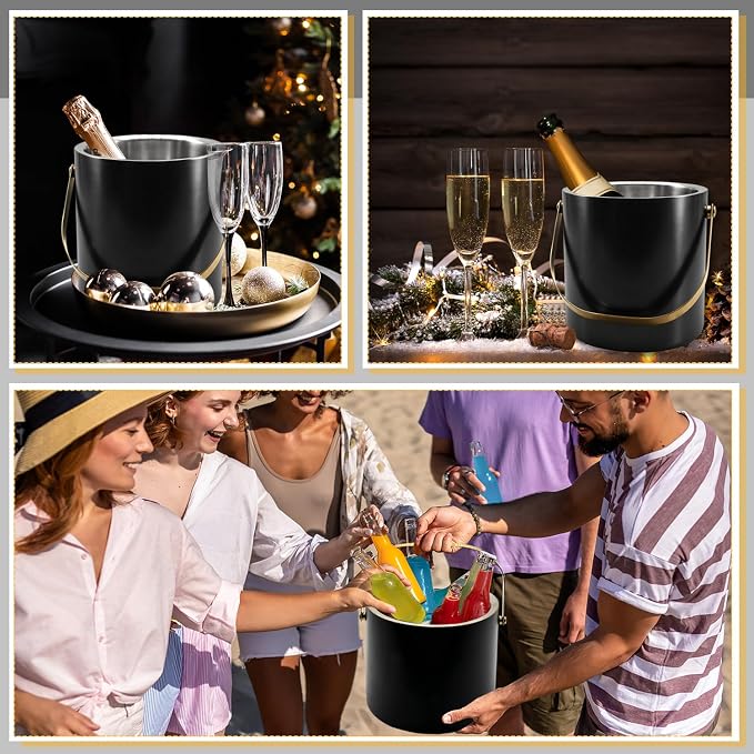 Anvin 3L Double Wall Stainless Steel Ice Bucket with Tongs, Scoop & Ice Strainer Insulated Cocktail Chiller Champagne Holder Bar Side Accessory for Parties, BBQs, Weddings (Black)