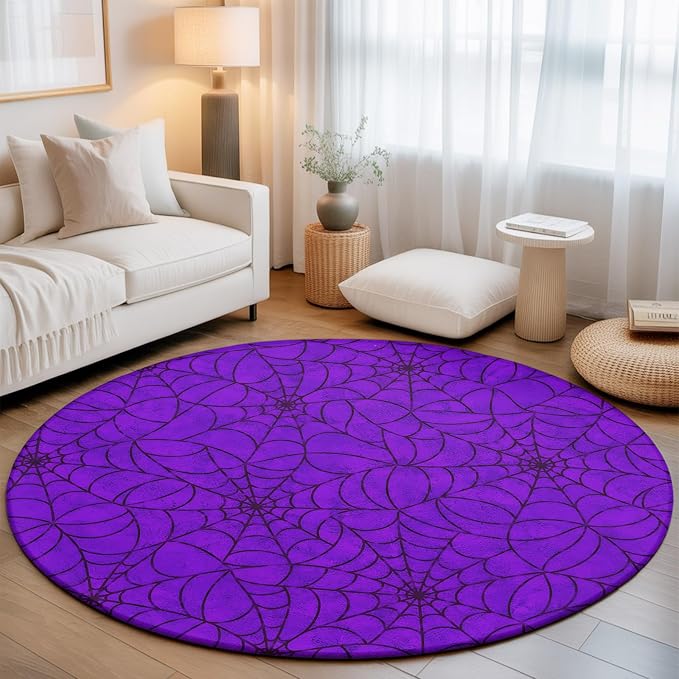 Round Area Rug 4', Purple Halloween Washable Area Rugs for Kitchen Bathroom Bedroom Office Dining Room, Black Spiders Net Classic Gingham Non Slip Door Mat Indoor Entrance Floor Throw Circle Carpet