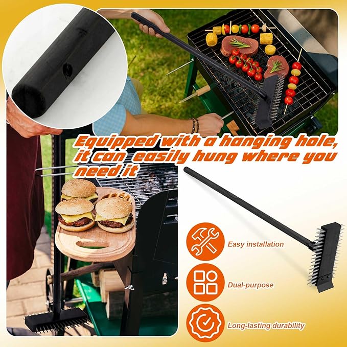 2 Pcs Black Stainless Steel Grill Brush Grill Scraper with 30'' Long Wooden Handle for Commercial Cleaning Kitchens Restaurants Bathrooms