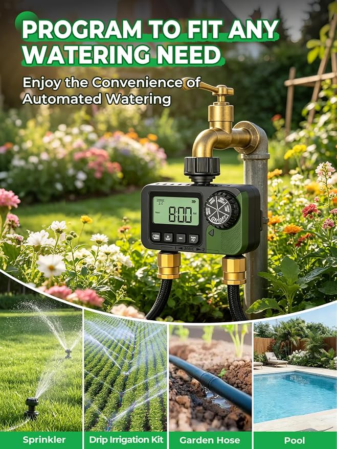 Sprinkler Timer 2 Outlets, Programmable Water Hose Timer with Rain Delay/Manual/Automatic Watering System, Outdoor Digital Auto Irrigation for Garden Yard Lawn with Large Display(Black+Olive Green)
