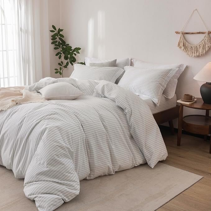 Stripe Linen Feel Duvet Cover King Size 104inch x 90inch,100% Washed Cotton Duvet Cover with Zipper Closure and 2 Pillowcases, Stripe of White-Cornflower Blue