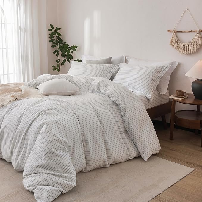 Stripe Linen Feel Duvet Cover Queen Size 90inch x 90inch,100% Washed Cotton Duvet Cover with Zipper Closure and 2 Pillowcases, Stripe of White-Cornflower Blue