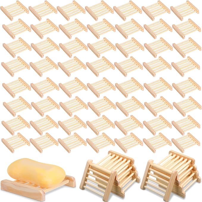Amyhill 70 Pcs Bamboo Wood Soap Dish Bulk Bathroom Wooden Soap Holder Savers Self Draining Dishes Handcraft Tray, 3.3 x 3.3 x 0.67 Inch (Wood Color)