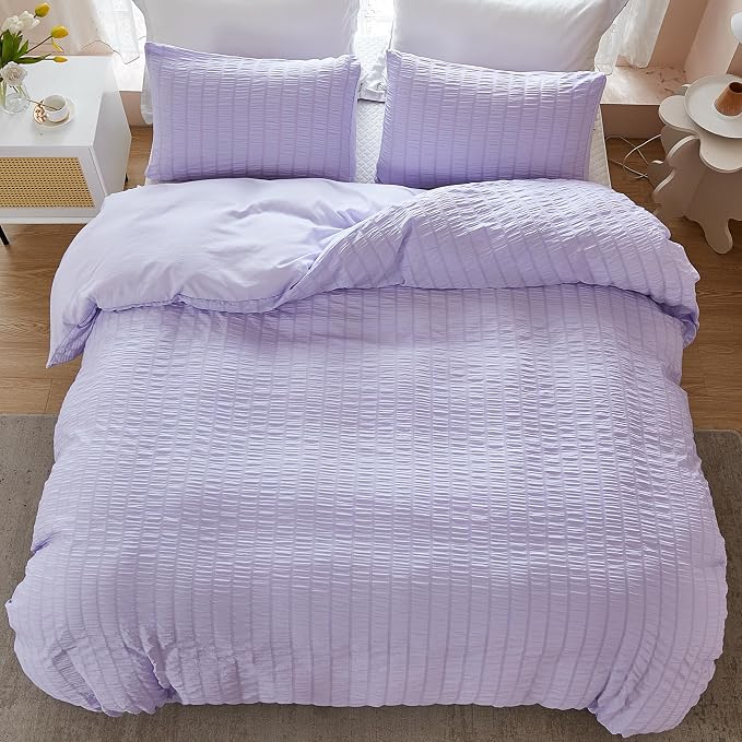 AveLom Lavender Purple Seersucker Duvet Cover Set Full (80 x 90 inches), 3 Pieces (1 Duvet Cover + 2 Pillow Cases), Ultra Soft Washed Microfiber, Textured Duvet Cover with Zipper Closure, Corner Ties