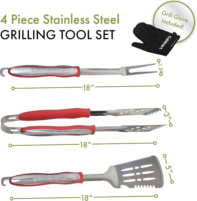 Cuisinart 3‑Piece Stainless Steel BBQ Grilling Tool Set with Grill Glove – Outdoor Grill Accessories, Perfect Grilling Gift for Men, Dads & Grill Masters, CGS-134