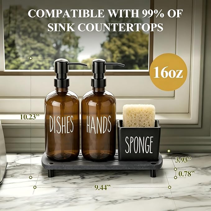 Cisily Amber Kitchen Soap Dispenser Set with Ceramics Sponge Holder | Black Metal Pump Head, Quick-Drying Soil Plate