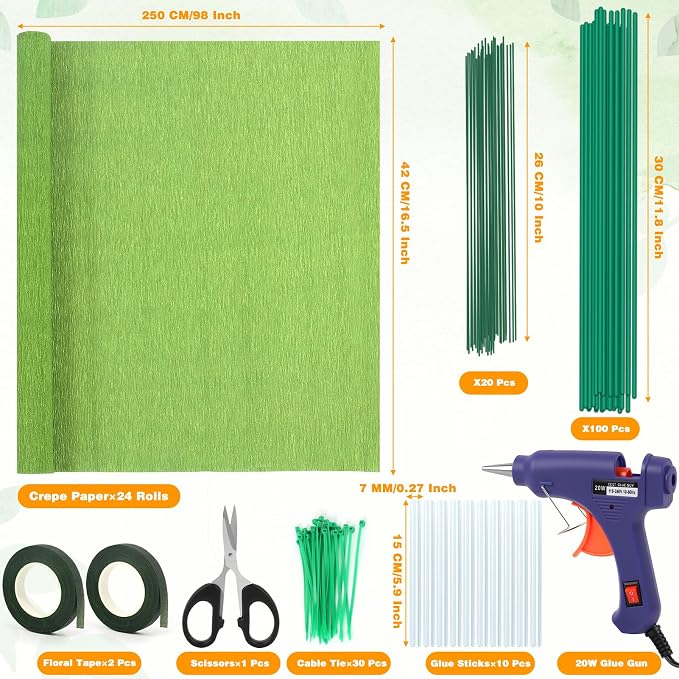 188 Pcs Heavy Crepe Paper Kit, 24-Color 16.5×98 Inch Rolls, with Glue Gun, Scissors, Wire, Floral Tape, Floral Stems - Perfect for Crepe Paper Flowers, Piñatas, Wedding Party Decor, DIY Craft Projects
