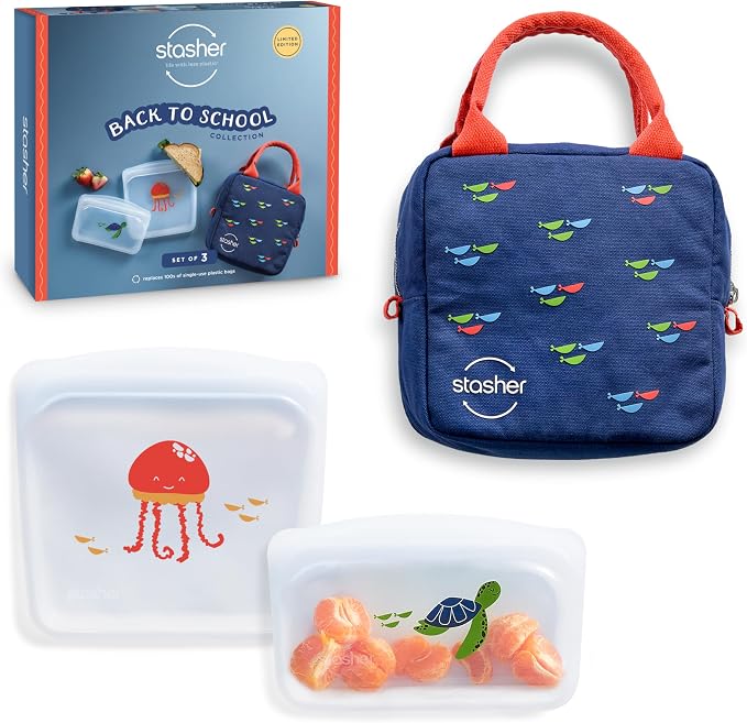 Stasher Reusable Kids Lunch Collection, 3-Pack Set with Lunch Bag | Food-Safe Silicone, BPA-Free, Leak-Free, Eco-Friendly, Dishwasher, Travel Containers, Meal Prep, Food Storage, Travel