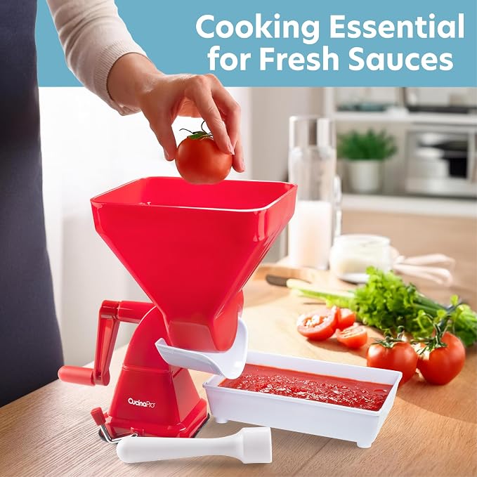 Tomato Strainer- Easily Juices w No Peeling Deseeding or Coring Necessary- Suction Cup Base Food Mill Press- Make Homemade Pasta Sauces, Fresh Salsa Potato Puree- Easy to Use, Cooking Supplies Gift