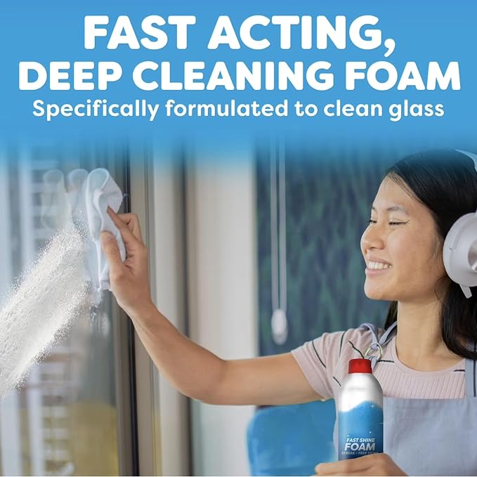 Fast Shine Foam Glass Cleaner Spray, Streak-Free Shine, Rainshower Scent, 19oz, 4 Pack with Microfiber Towels