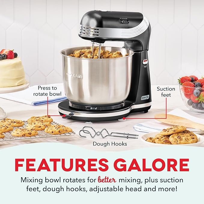 Dash Everyday Stand Mixer - Compact Tilt-Head Stand Mixer for Everyday Recipes - 6-Speed Power with Stainless Steel Bowl - Black, 3-Quart