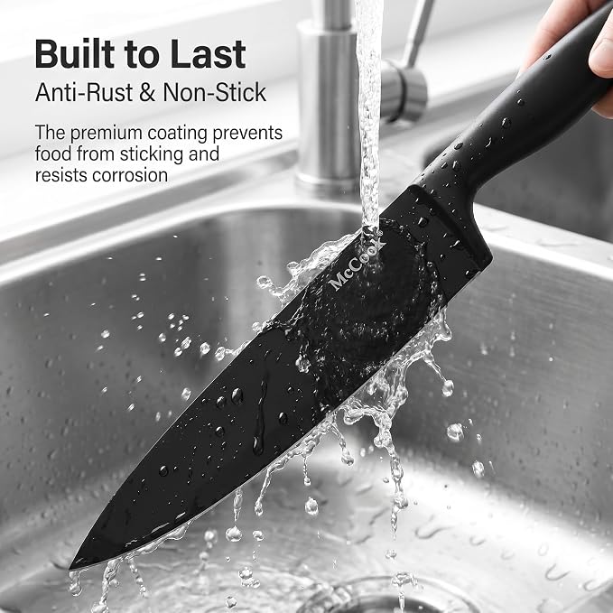 McCook Knife Set Black Kitchen Knife Block Set w Built-in Sharpener | German Forged Stainless Steel,15 PC,Razor Sharp, Anti-Rust,Ergonomic Handle,Full Tang,Dishwasher Safe,Gift Box