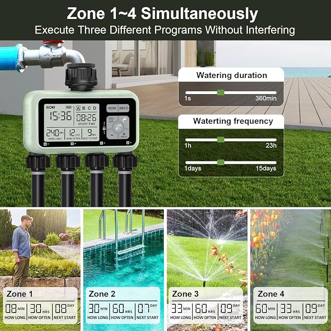 Watering Timer 4 Zone, Sprinkler Timer,Programmable Garden Outdoor Hose Faucet Timer with Rain Delay/Manual/Automatic Watering System,Water Hose Irrigation Timers 4 Outlet for Garden Lawn