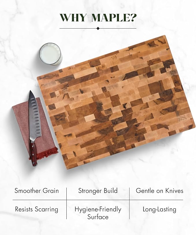 Labell Maple End-Grain Butcher Block, Juice Groove, 12 x 16 x 1.25 in | Checkered Cutting Board, Handcrafted in Canada, Thick, for Meat, Cheese, Charcuterie