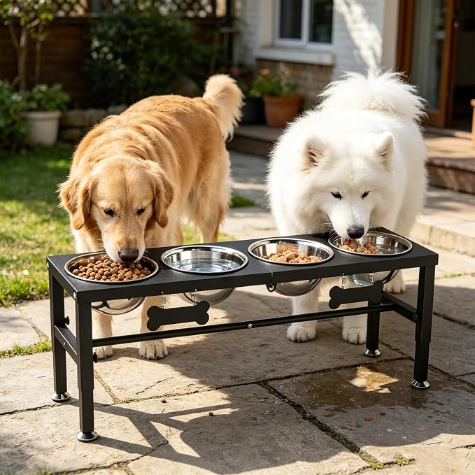 4-Bowl Elevated Dog Bowl Stand – 4 Adjustable Heights with 58oz/1700ml Stainless Steel Bowls & Splash Pad for Medium & Large Breeds, Multi-Pet Households