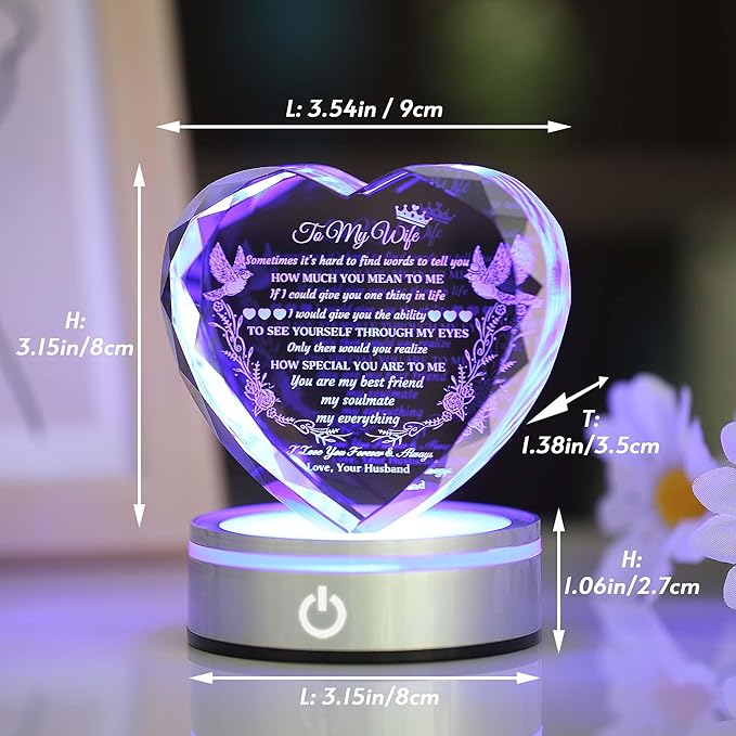 Gifts for Wife with LED Base, Romantic Crystal Keepsakes Presents for Wedding Valentines Day Christmas, Anniversary Birthday Gift for Women from Husband