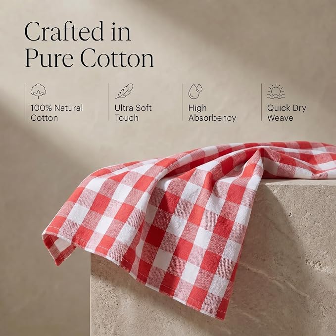 Urban Villa Kitchen Towels 100% Cotton Dish Towels for Kitchen (Set of 6) 20”x30” Dish Cloths Highly Absorbent Kitchen Linen Set with Hanging Loop Perfect for Drying Dishes Cleaning – Red White