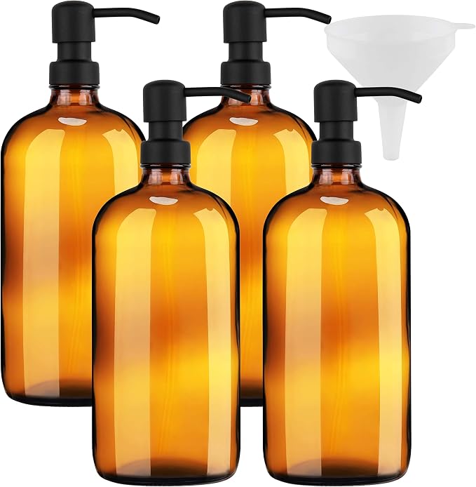 Kitchentoolz Large Pump Bottle - 32 Ounce Glass Shampoo and Soap Dispenser - Amber