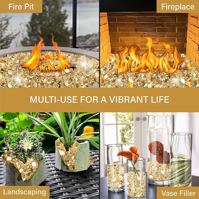 NUPICK 5 Pound Fire Glass, 1/2 Inch Reflective Fire Pit Glass | Tempered Fire Pit Rocks for Propane or Natural Gas, Glass Rocks for Fire Pit Table, Fireplace, Fire Bowl, Landscaping, Gold