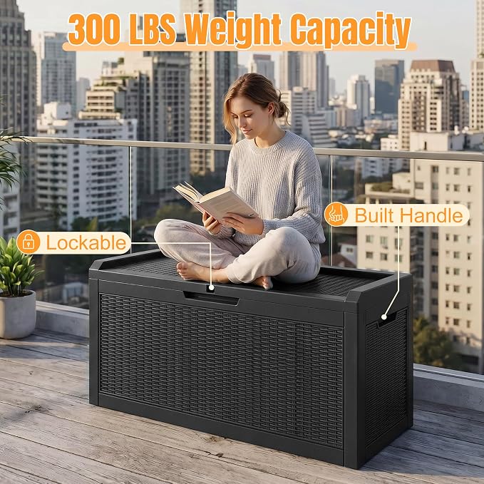 Outdoor Storage Box,120 Gallon Waterproof Resin Patio Deck Box | UV Resistant Lockable Package Delivery Bin, Toy Cabinet, Shoe & Garden Tools Storage, Ottoman, Indoor/Outdoor