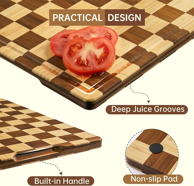 Checkered Bamboo Cutting Boards for Kitchen, Thick End Grain | Wood Chopping Board with Juice Groove, Butcher Block for Meat, Bread & Fruit, Medium, 14"L x 10"W x 0.8"Th