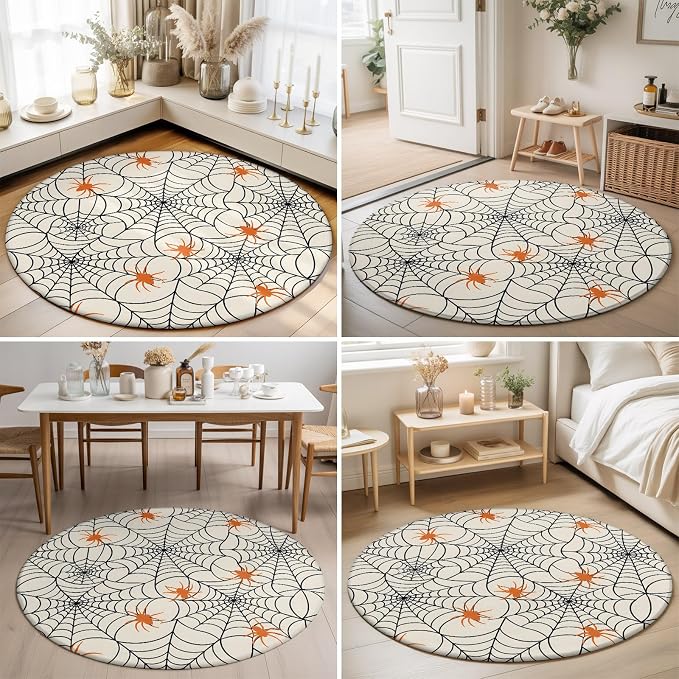 Round Area Rug 5', Halloween Washable Area Rugs for Living Room Kitchen Bedroom Nursery Dining Room, Orange Black Net Classic Spiders Gingham Non Slip Door Mat Indoor Floor Throw Circle Carpet