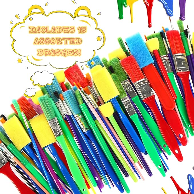 Lincia 90 Pcs All Purpose Paint Brush Set Bulk for Acrylic and Washable Paints, Easy to Clean and Hold, Round and Flat Kids Brushes, Great with Watercolors