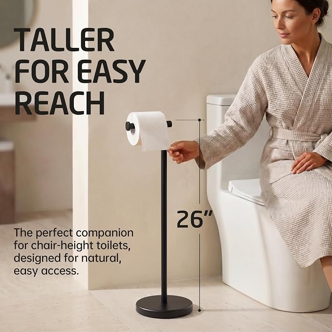 KES Black Toilet Paper Holder Stand with Weighted Base, 26" H (Taller Version) Free Standing Toilet Paper Roll Holder for Bathroom, Rustproof, BPH283S66-BK
