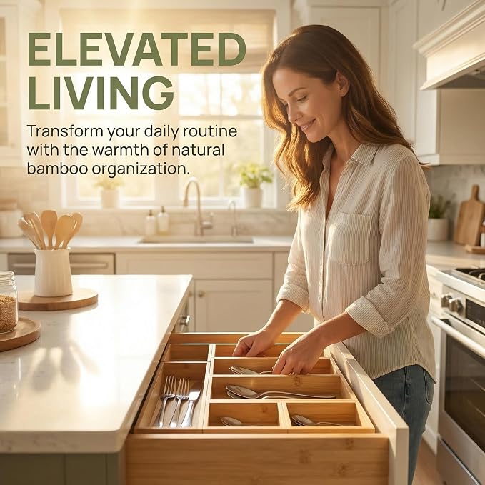 Bamboo Drawer Organizer,Fits Kitchens,Bathrooms,Desk,Utensil,Makeup,Removable Dividers (Natural, M)