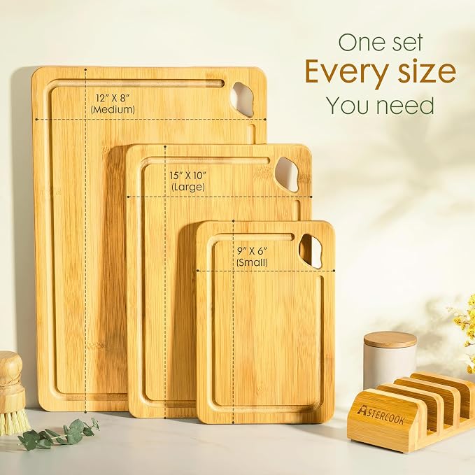 Astercook Nature Bamboo Cutting Boards for Kitchen with Wood Storage Stand, Reversible Charcuterie & Chopping Boards with Juice Grooves and Easy-Grip Handles