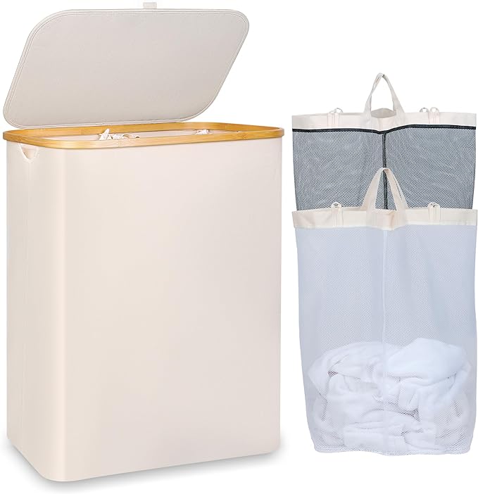 iEGrow 150L Laundry Basket with Lid, Large Laundry Hamper with Bamboo Handle, Collapsible Dirty Clothes Hamper Organizer with 2 Removable Inner Bags for Clothes Towels - Beige